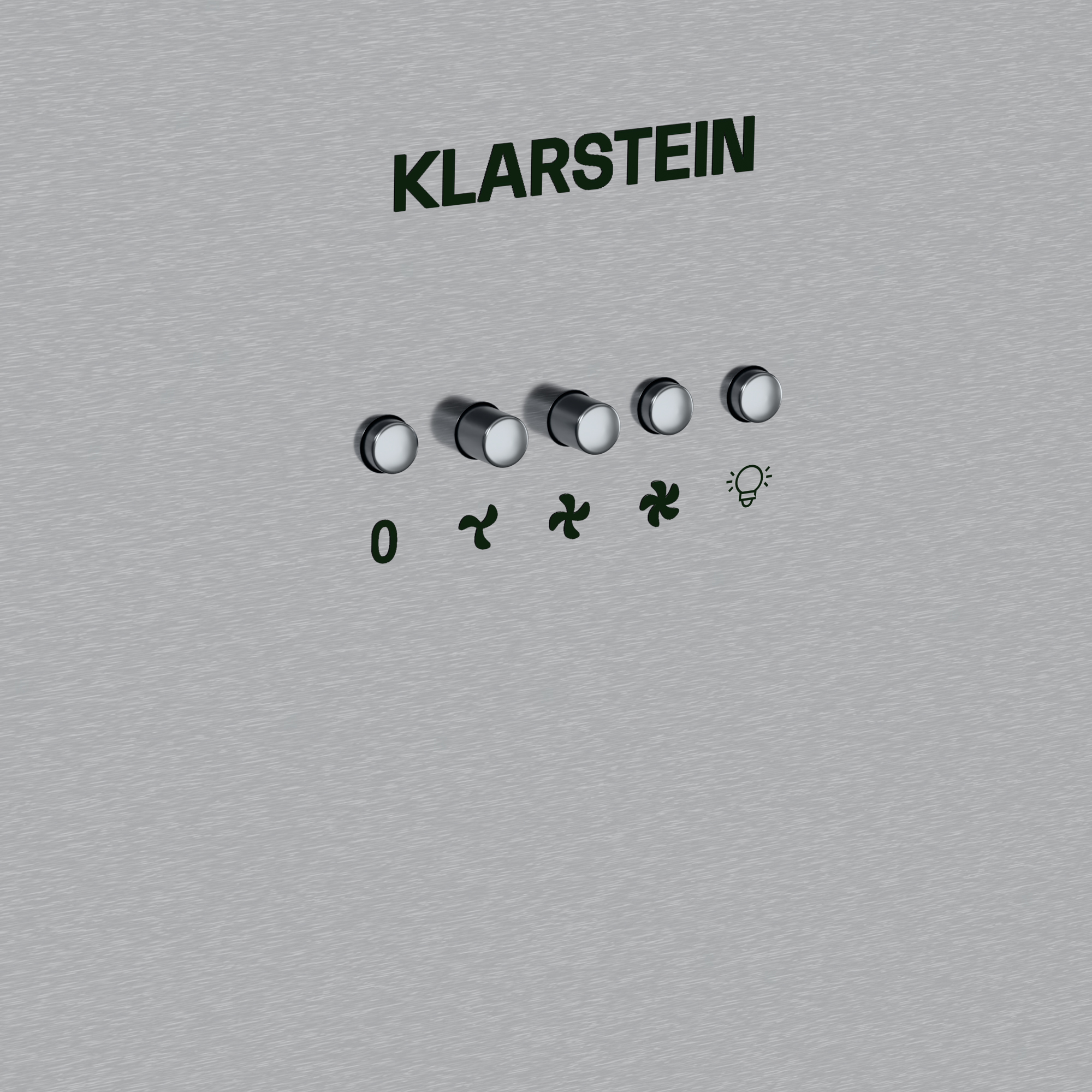 Edelstahl-Bedienfeld mit Klarstein-Logo und fünf Knöpfen für Lüfterstufen und Licht.