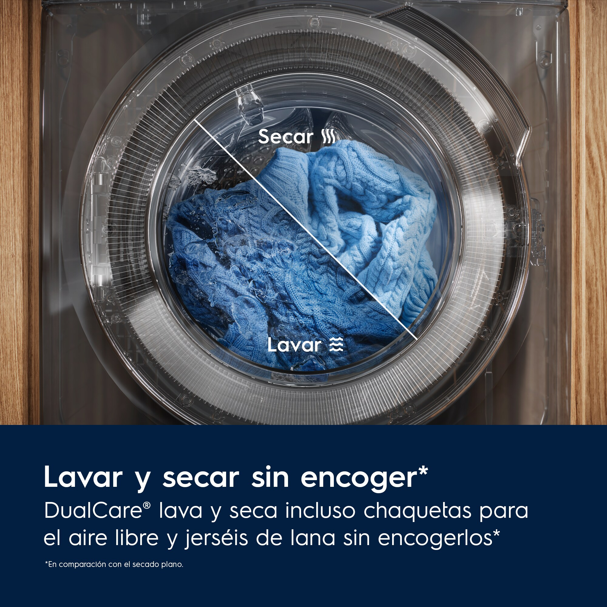 Una lavasecadora muestra un suéter azul con texto para ciclos de lavado y secado.