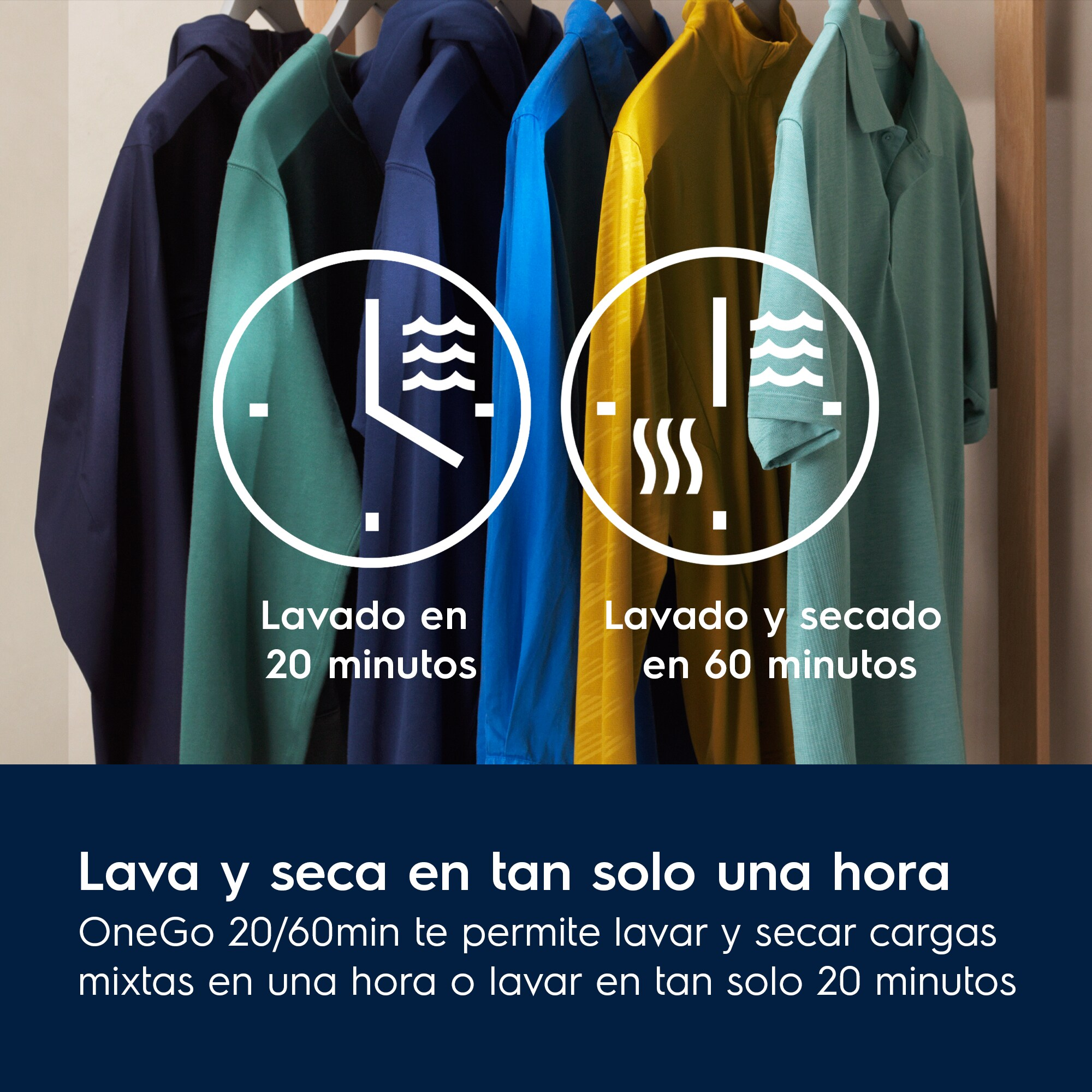 Ropa colgada con iconos de lavado en 20 minutos y lavado y secado en 60 minutos.