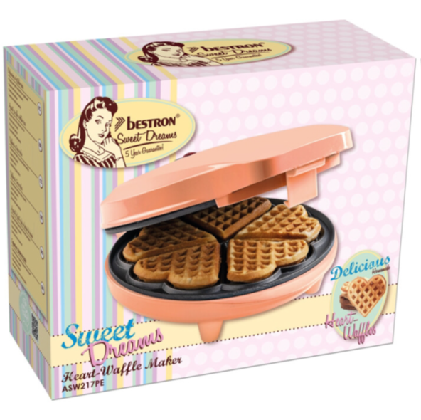 Rosa Bestron Herz-Waffeleisen in einer bunten Retro-Verpackung mit vier frisch gebackenen Herz-Waffeln.