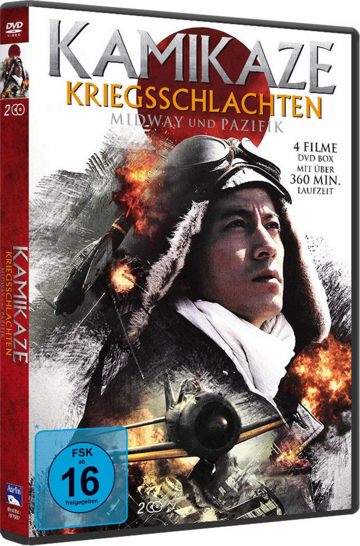 DVD-Cover von Kamikaze Kriegsschlachten mit einem Piloten in Fliegermontur vor einer brennenden Kriegsszene.