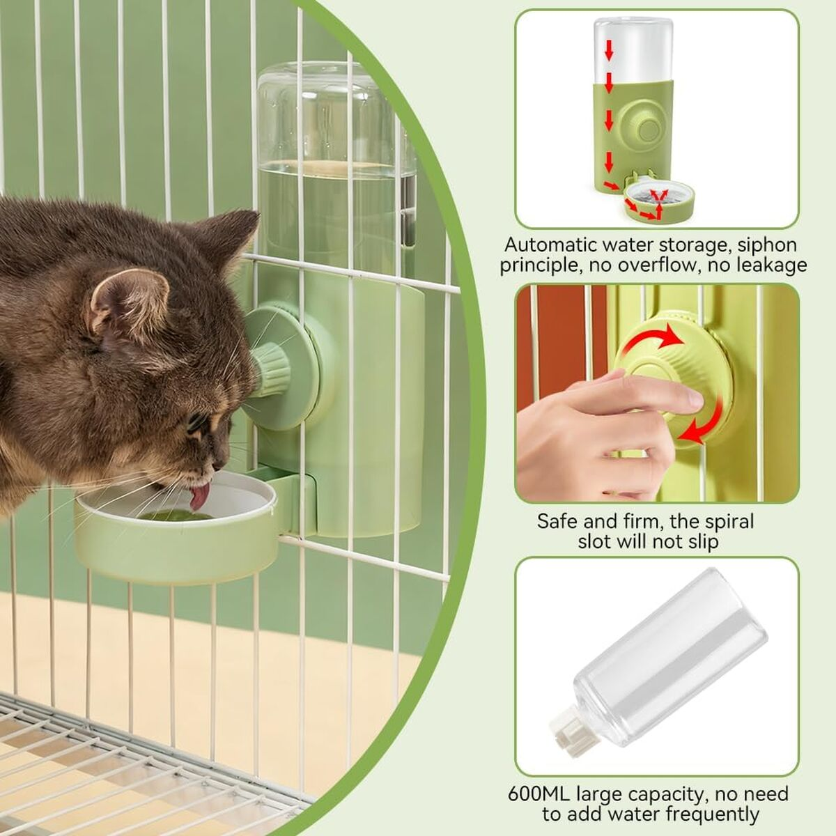 Katze trinkt aus einem grünen automatischen Wassernapf mit Flasche, der an Käfigstäben befestigt ist.