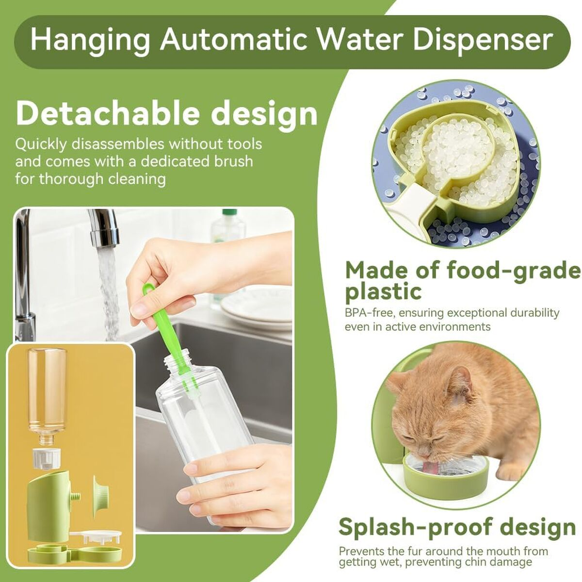 Produktwerbung für einen automatischen Wasserspender für Haustiere, zeigt Teile, Reinigung und eine trinkende Katze.