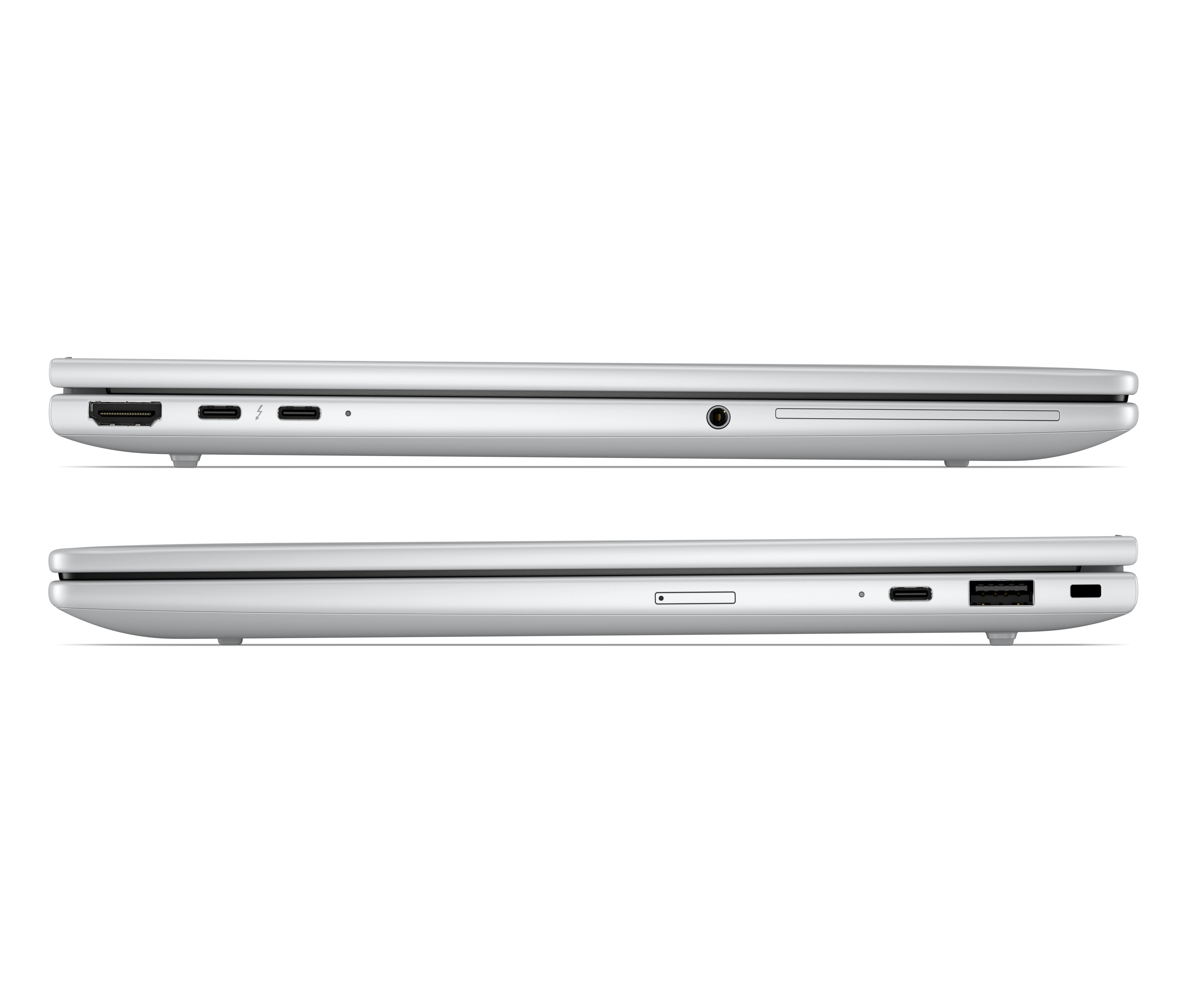 Side views of a closed silver laptop with various ports on a white background.