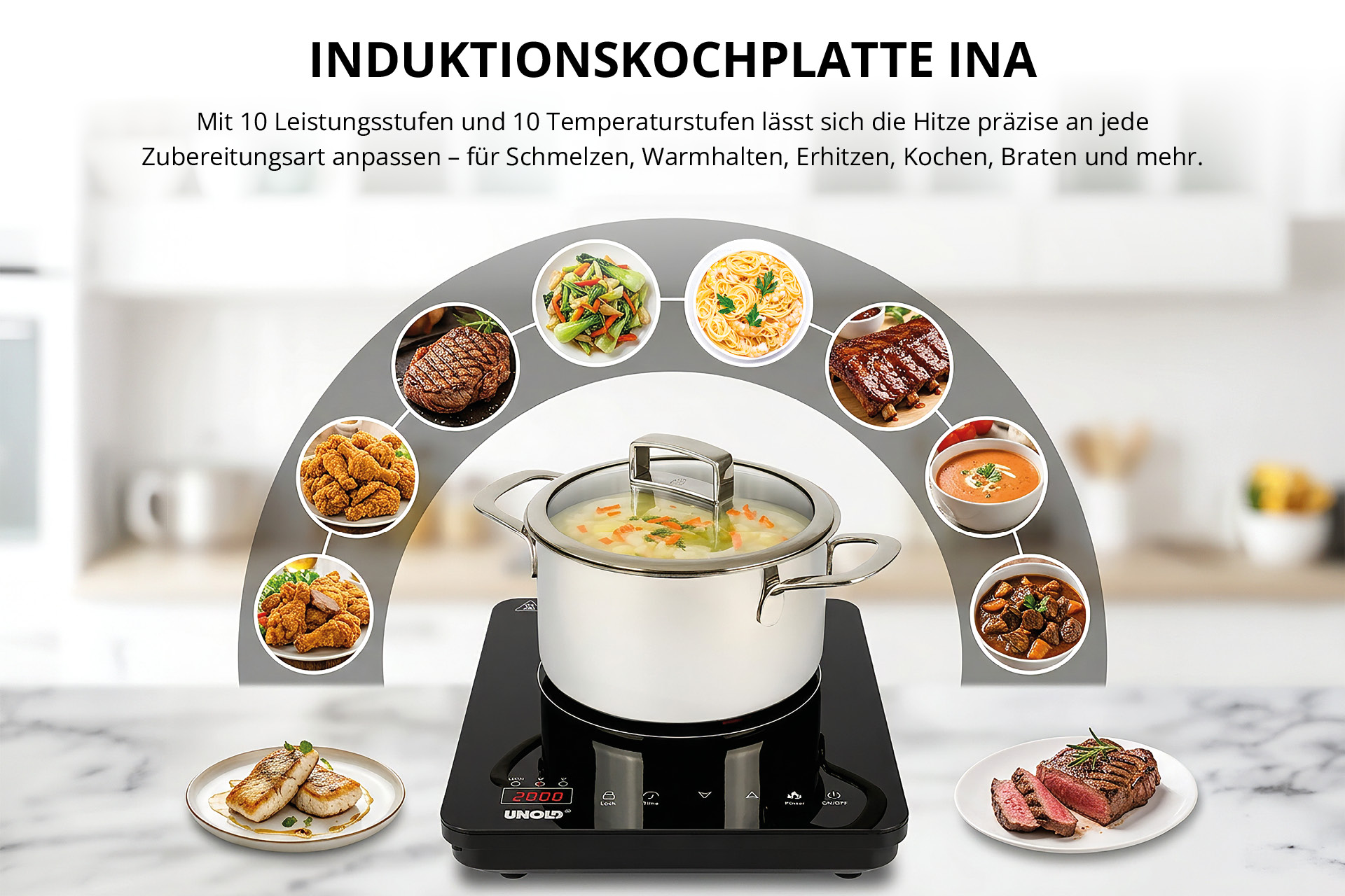 Induktionskochplatte Ina mit Topf und verschiedenen Gerichten in einem Bogen.