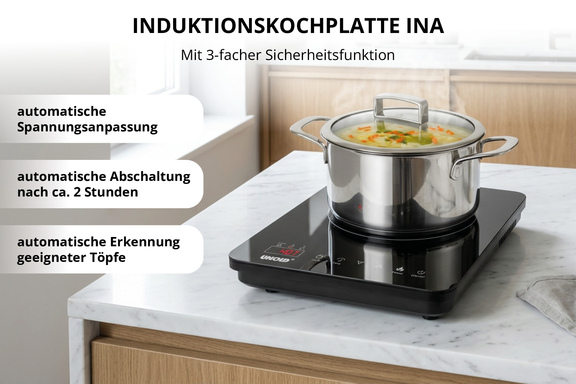 Induktionskochplatte Inna auf Marmorarbeitsplatte mit Kochtopf und Sicherheitsfunktionen.
