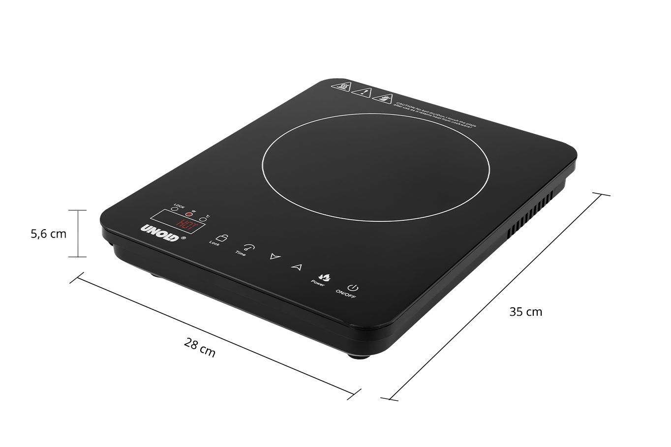 Schwarze Induktionskochplatte mit Touch-Bedienfeld und Maßangaben auf weißem Hintergrund.