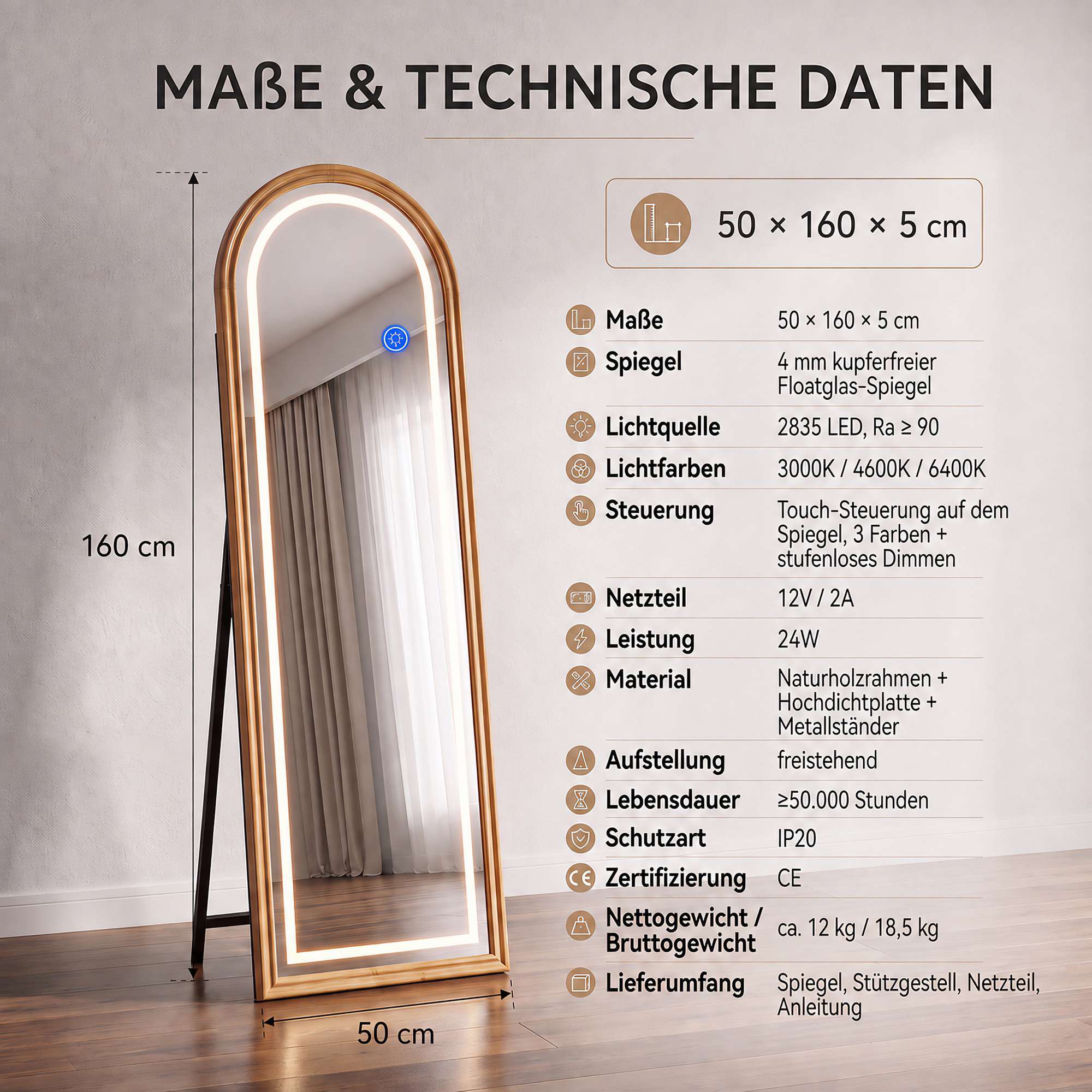 Ein Bogen-Holzspiegel mit LED und technischen Daten auf Deutsch, Größe 50x160x5 cm und Touch-Steuerung.