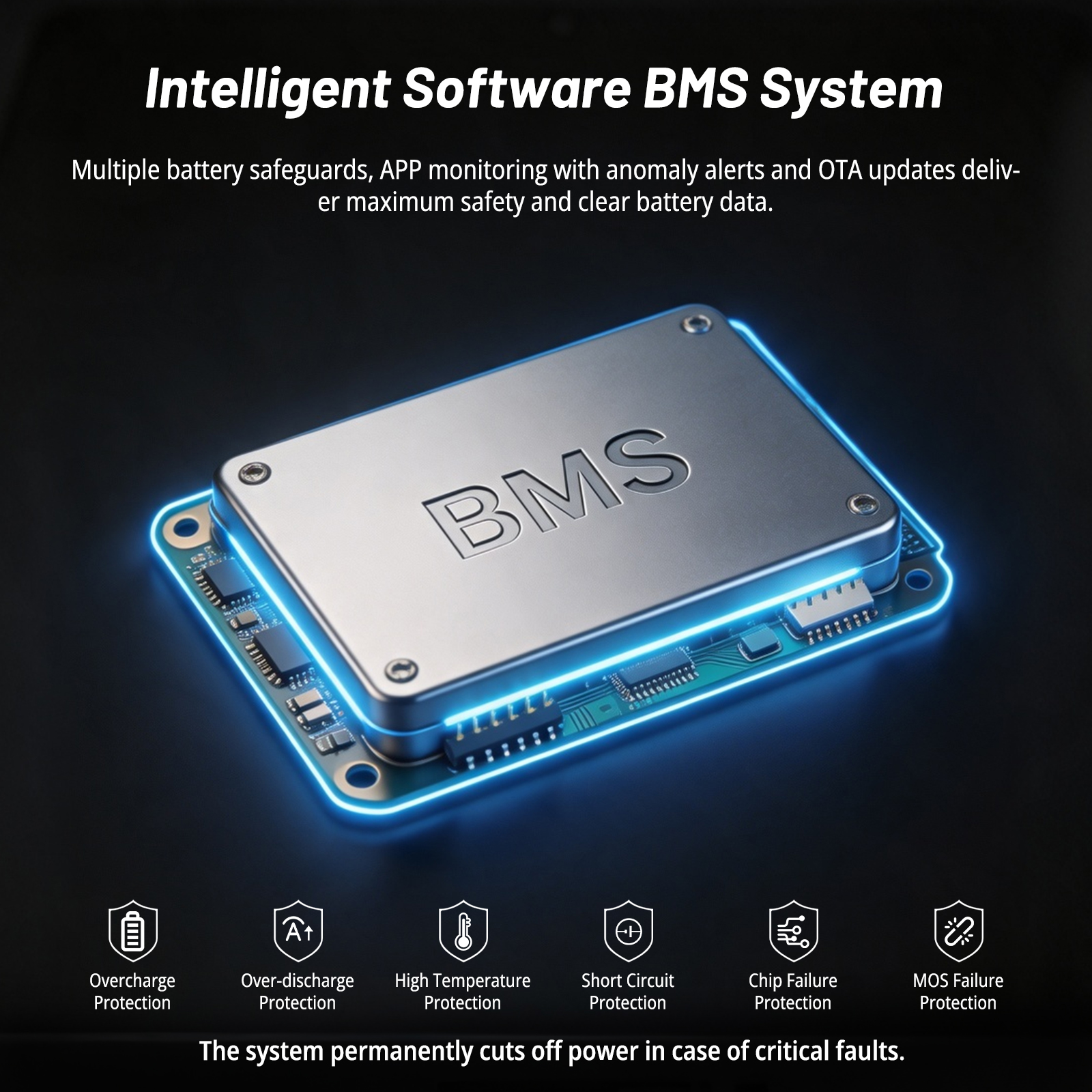 BMS inteligente con funciones de protección, borde LED azul e iconos abajo.