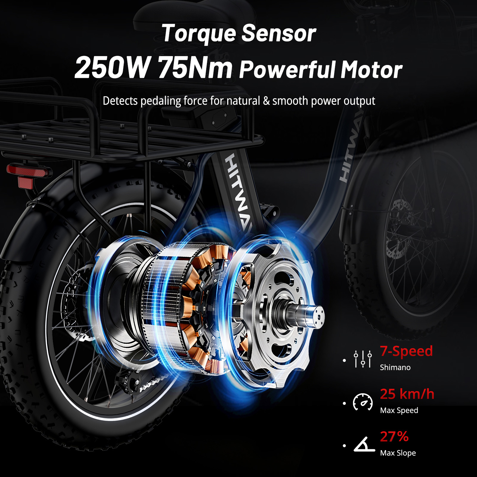 Bicicleta eléctrica con sensor de par y motor de 250W, Shimano 7 velocidades, 25km/h velocidad máx, pendiente 27%.