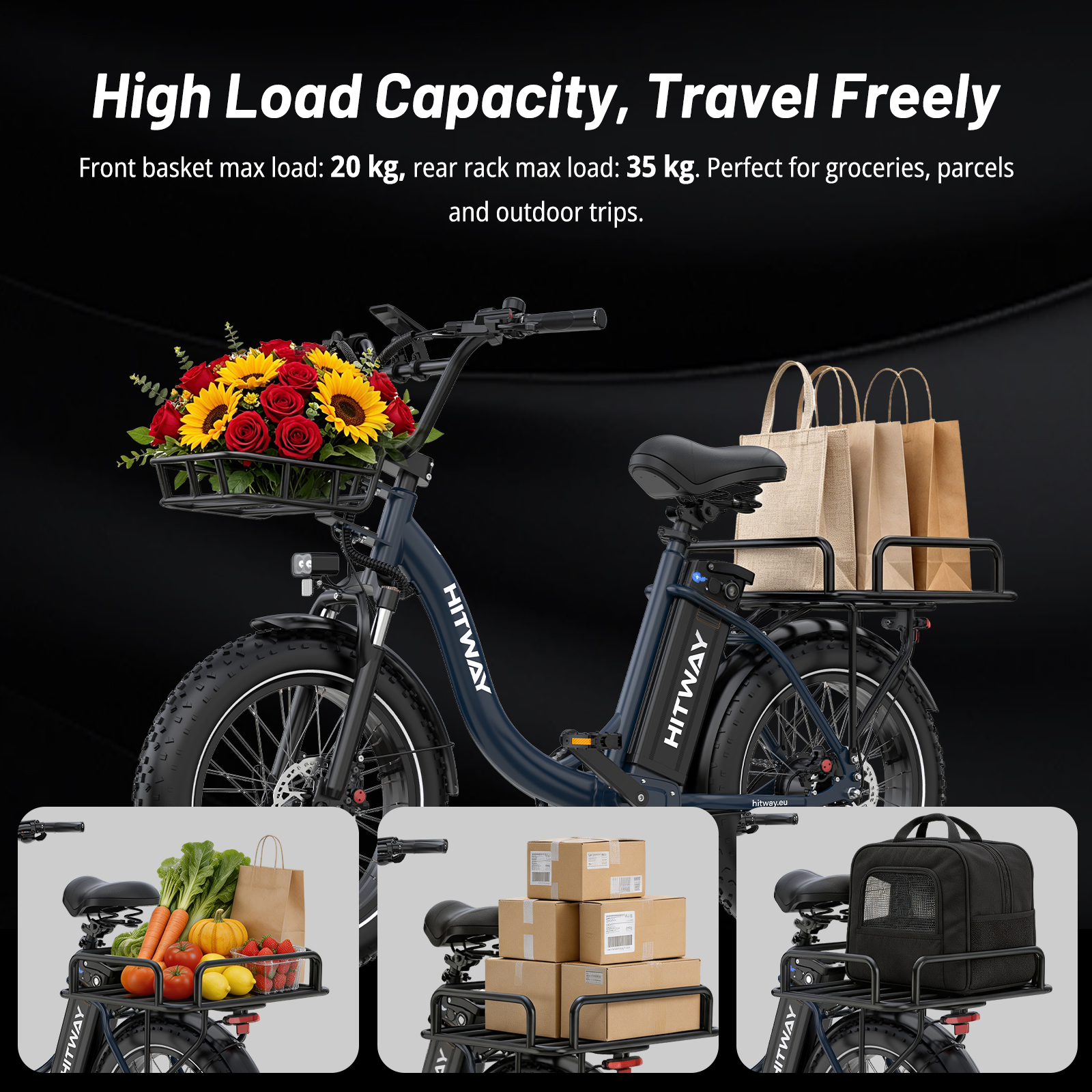 Bicicleta eléctrica azul oscura con cesta de flores y bolsas de compras en el portaequipajes trasero.