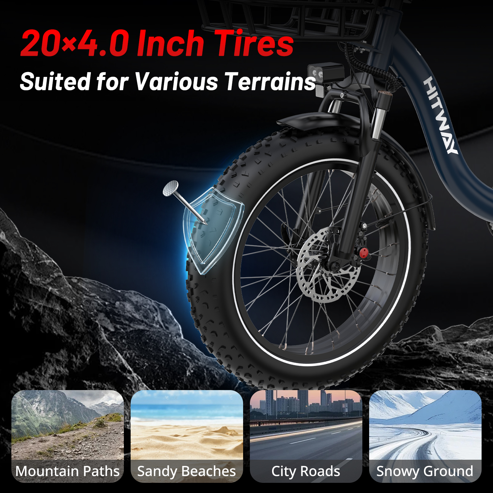 Neumático de bicicleta con dibujo grueso apto para montañas, playas, carreteras y nieve.