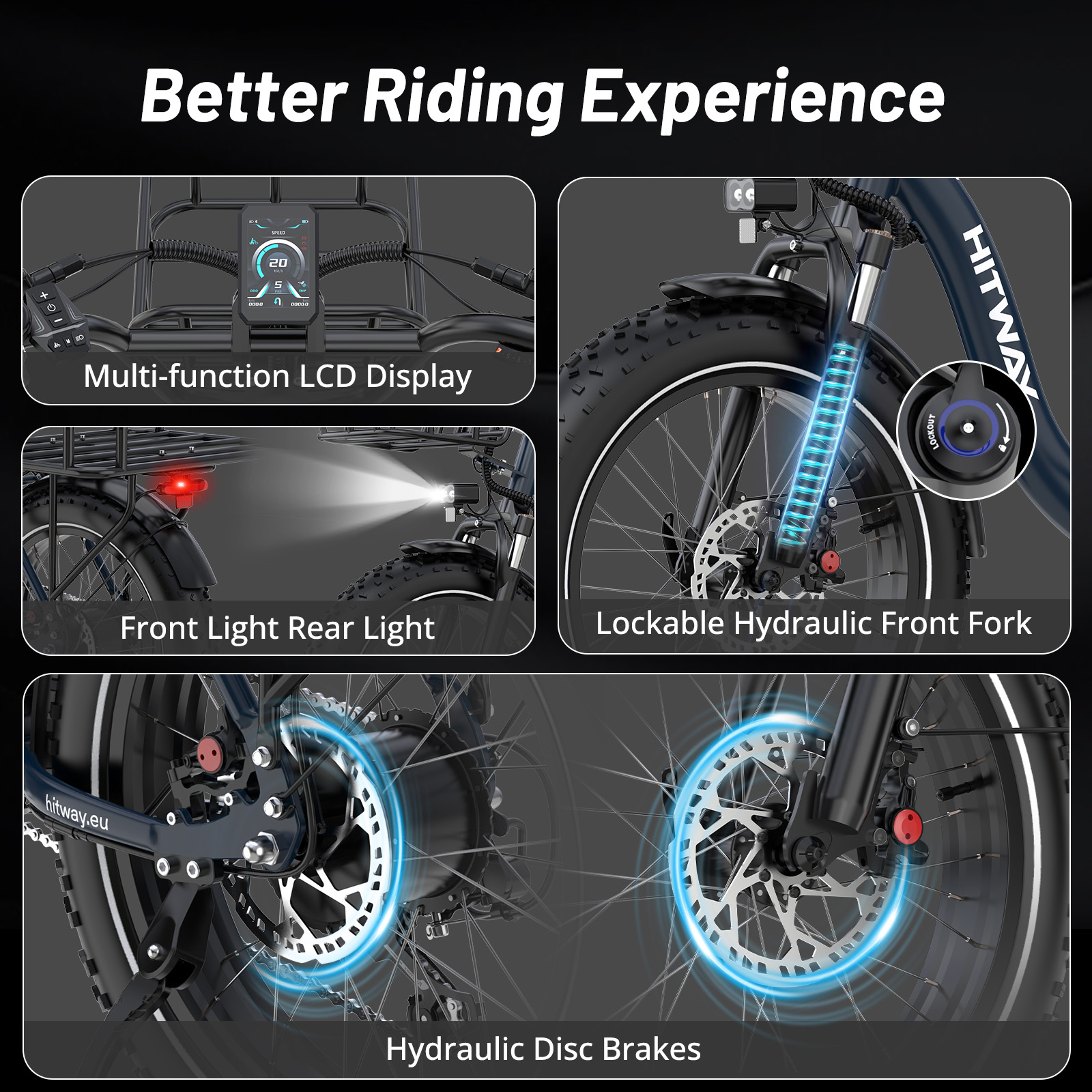 Las características de la e-bike incluyen pantalla LCD, horquilla, luces y frenos de disco.