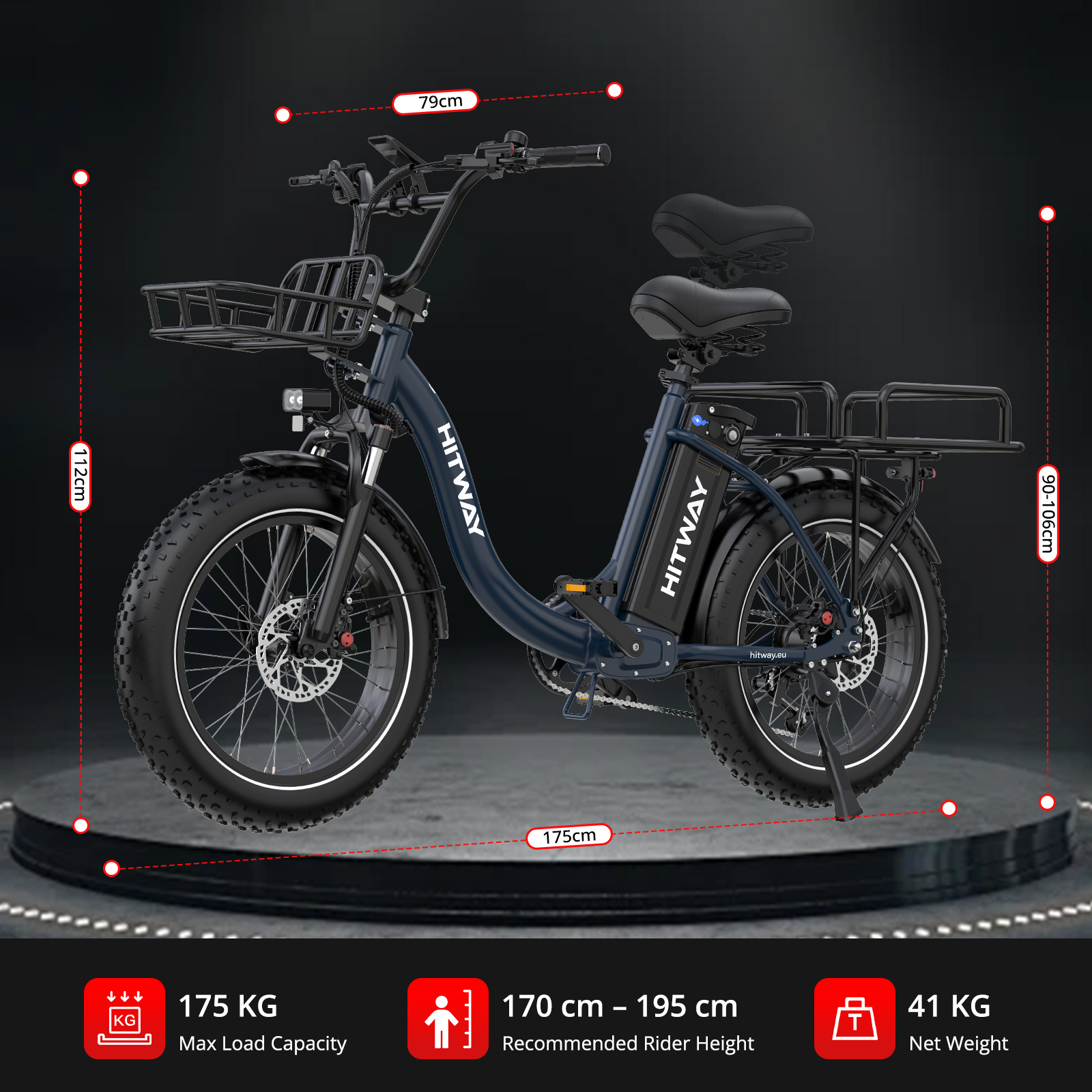 Bicicleta eléctrica HITWAY azul oscuro con neumáticos gruesos, cesta delantera, parrilla trasera y medidas.