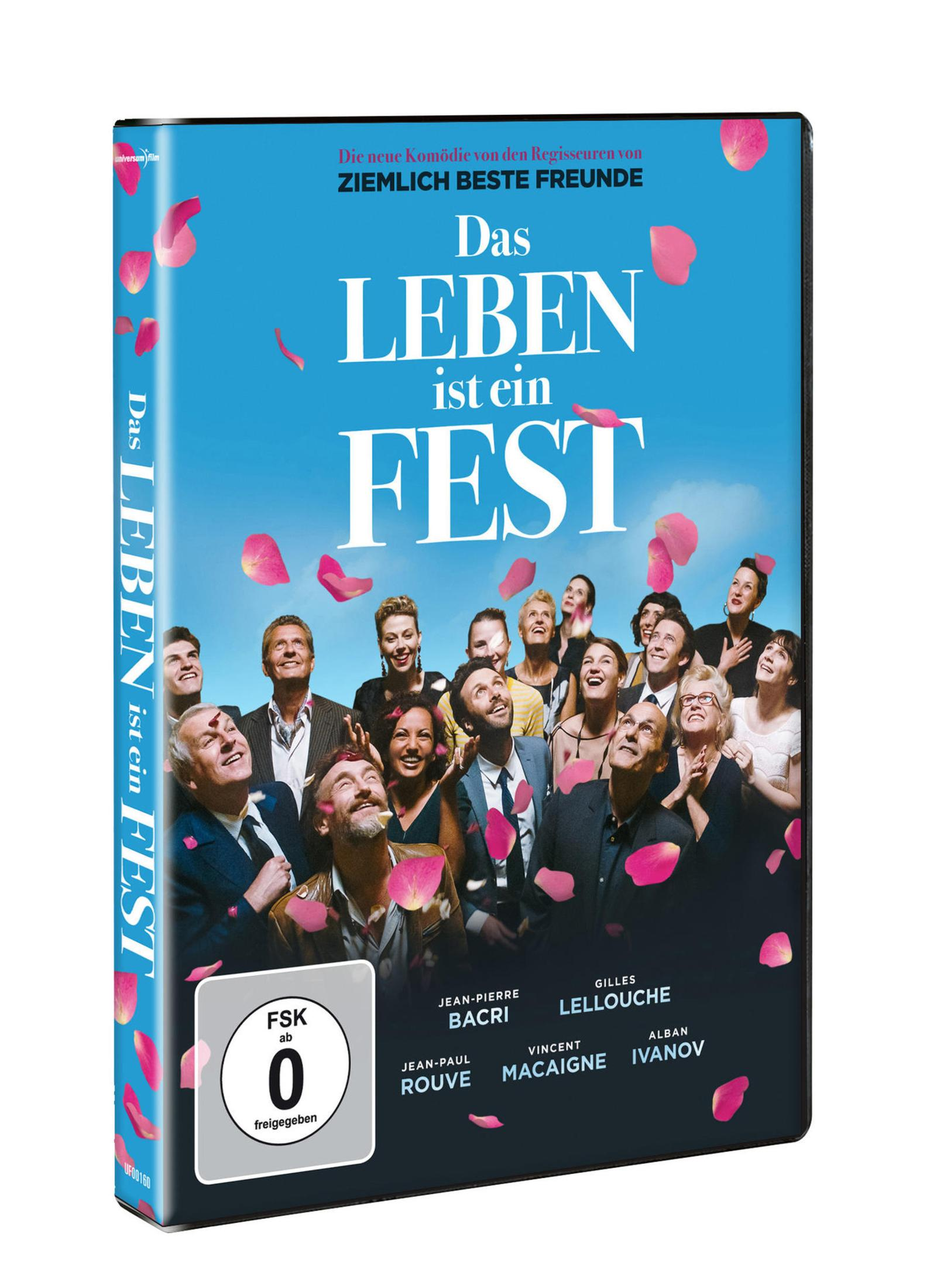 DVD-Cover von 'Das Leben ist ein Fest' mit lachenden Menschen und rosa Blütenblättern vor blauem Himmel.
