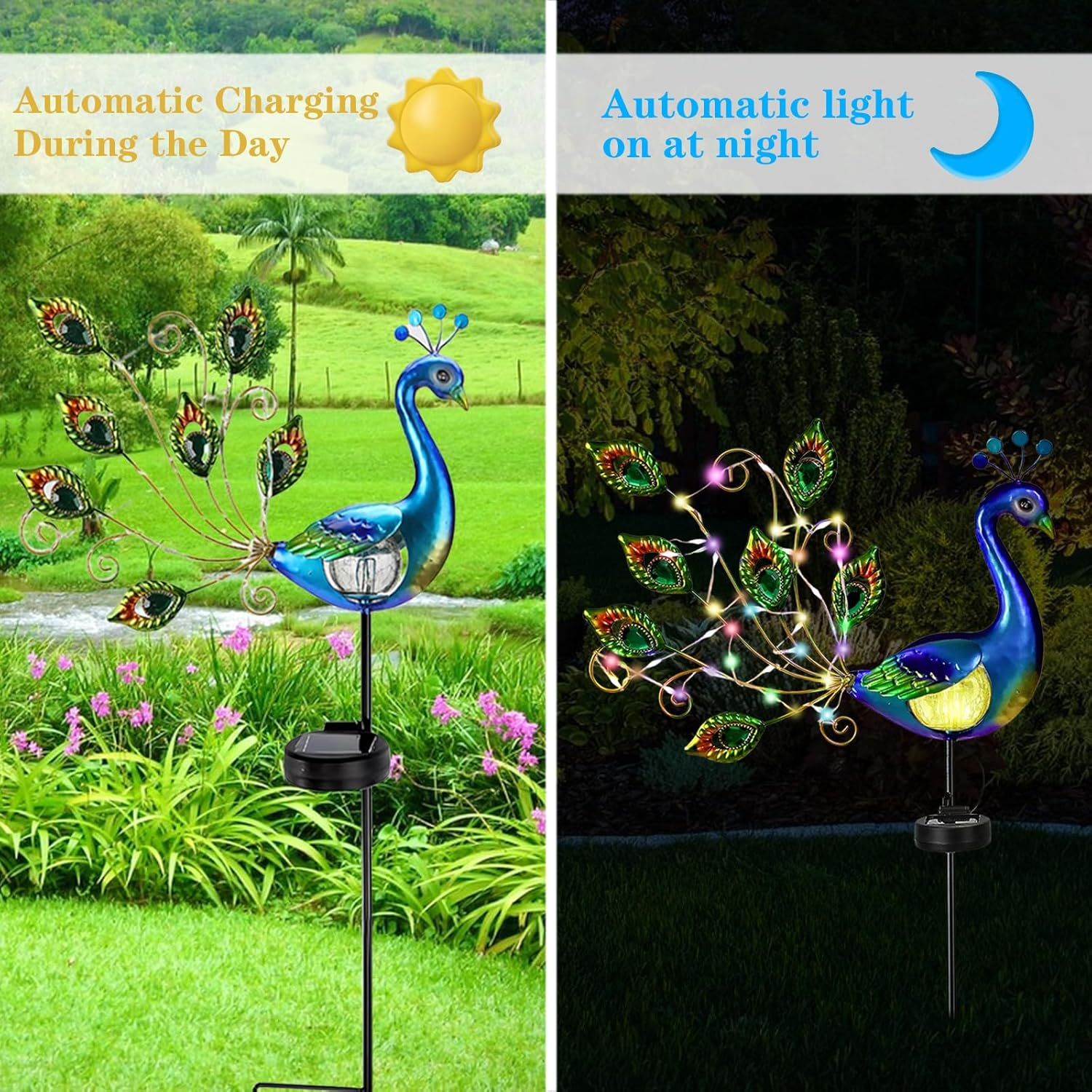 Solarlampe in Pfauenform lädt tagsüber und leuchtet nachts.
