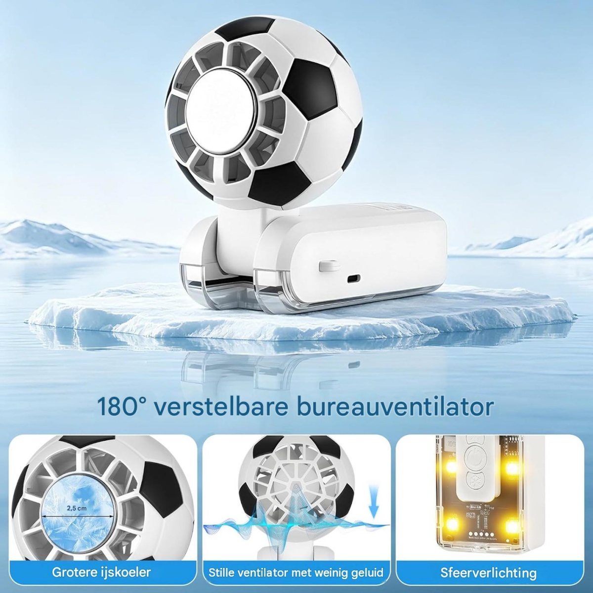 Ein weiß-schwarzer Fußball-Ventilator auf einem Eisberg mit drei Funktionsbildern unten.