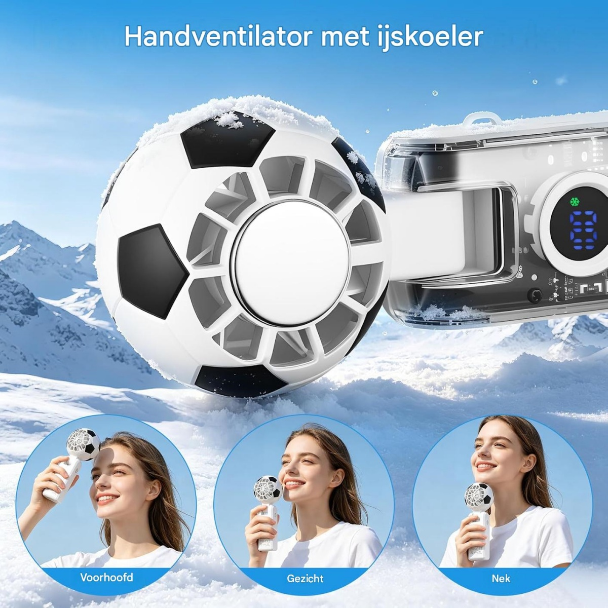 Ein Handventilator im Fußball-Design vor verschneiter Bergkulisse mit Anwendungsbeispielen für Stirn, Gesicht und Hals.