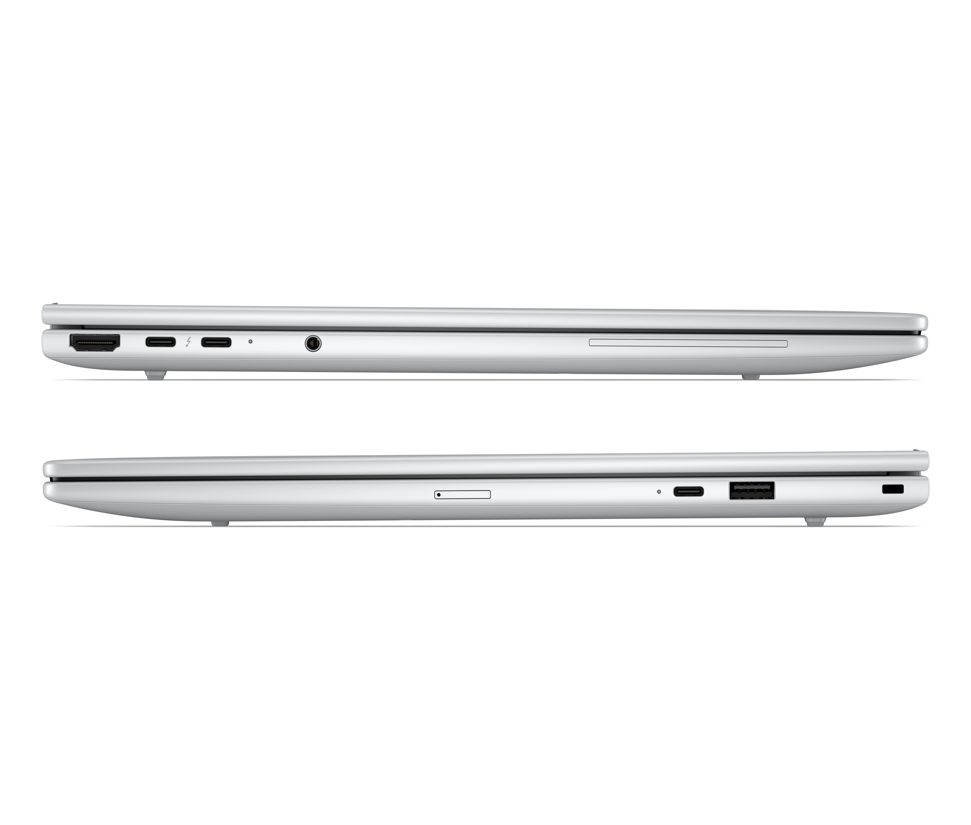 Side profiles of a closed silver laptop showing various ports.