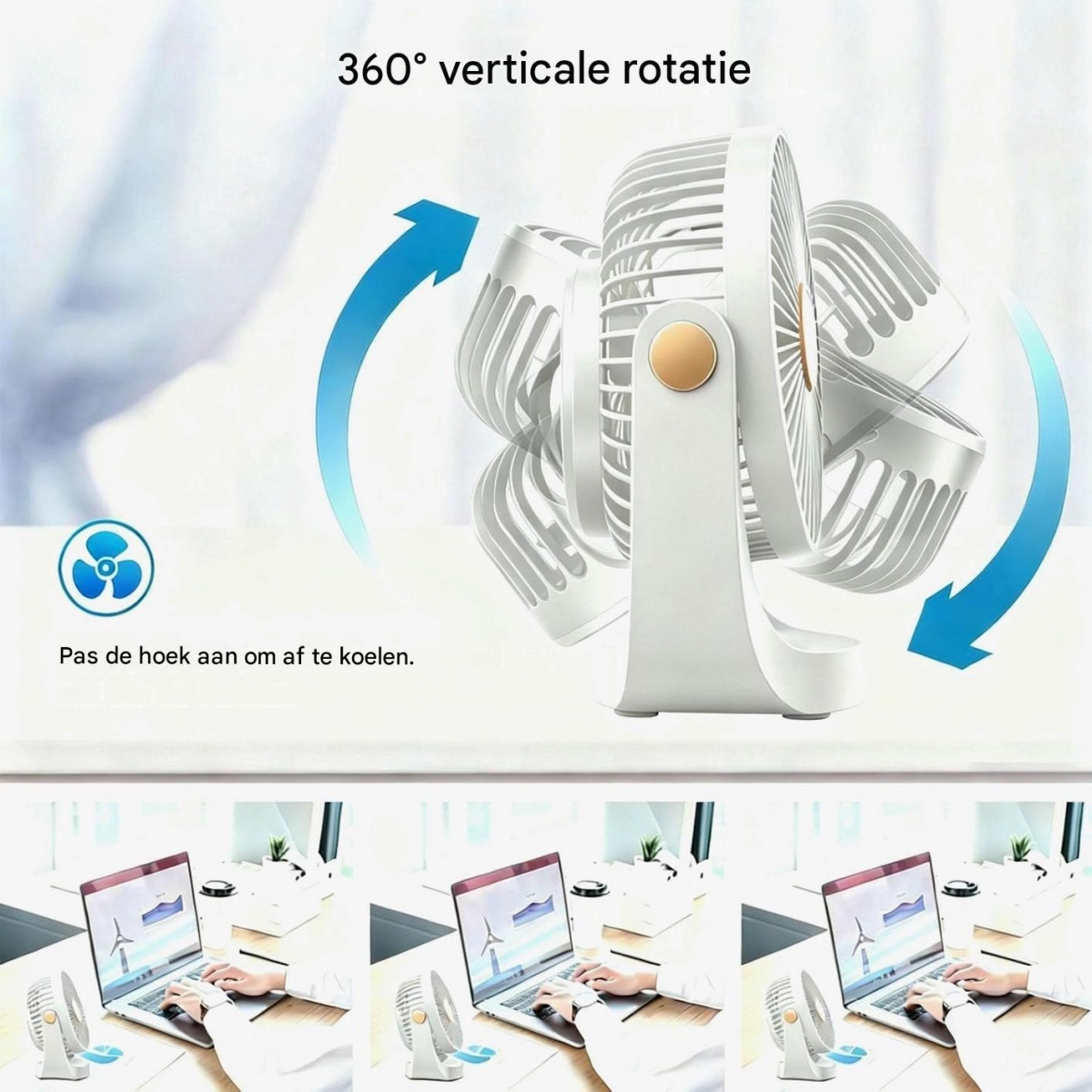 Ein weißer Schreibtischventilator mit 360-Grad-Drehung in mehreren geneigten Positionen neben einem Laptop.