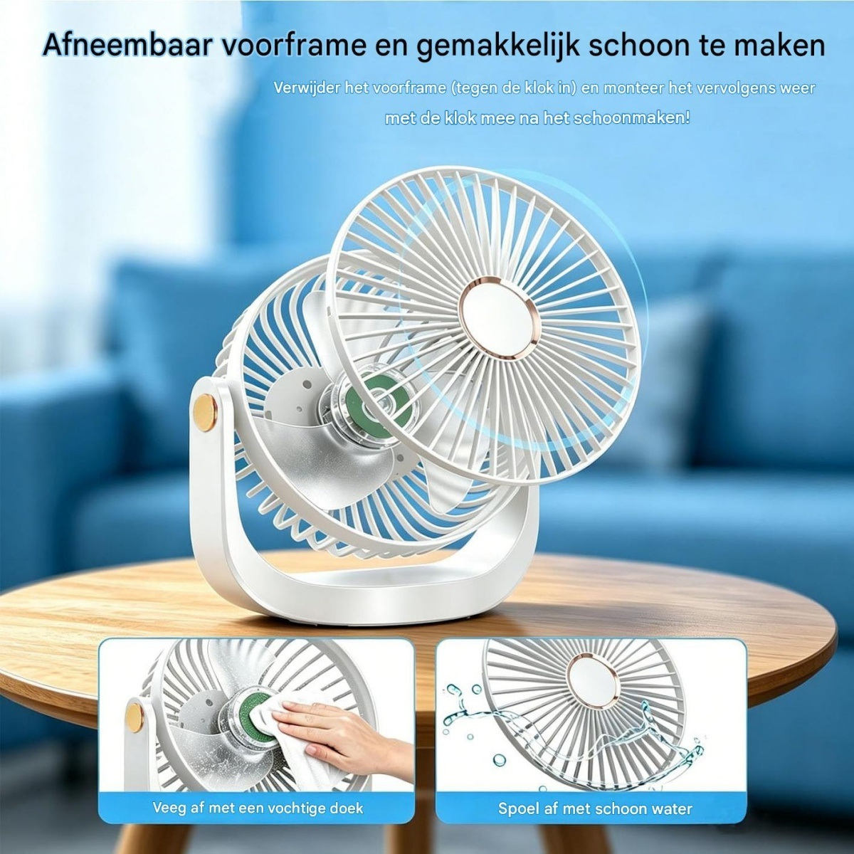 Weißer Tischventilator mit abnehmbarem Schutzgitter auf einem Holztisch vor blauem Hintergrund.