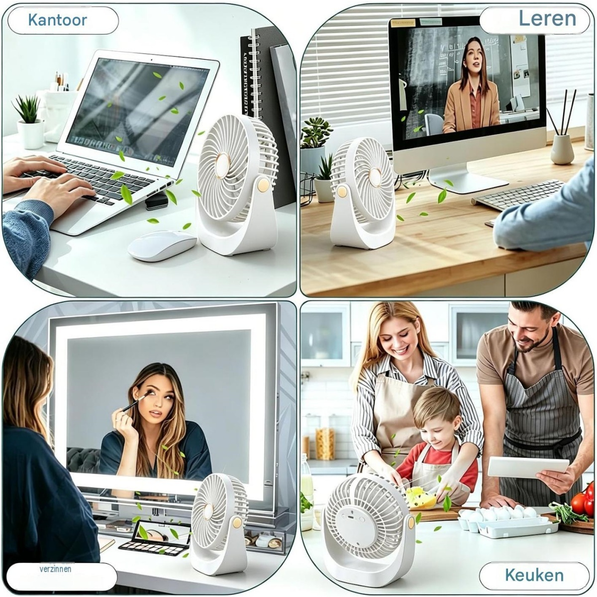 Ein weißer, tragbarer Schreibtischventilator in verschiedenen Umgebungen wie Büro und Küche.