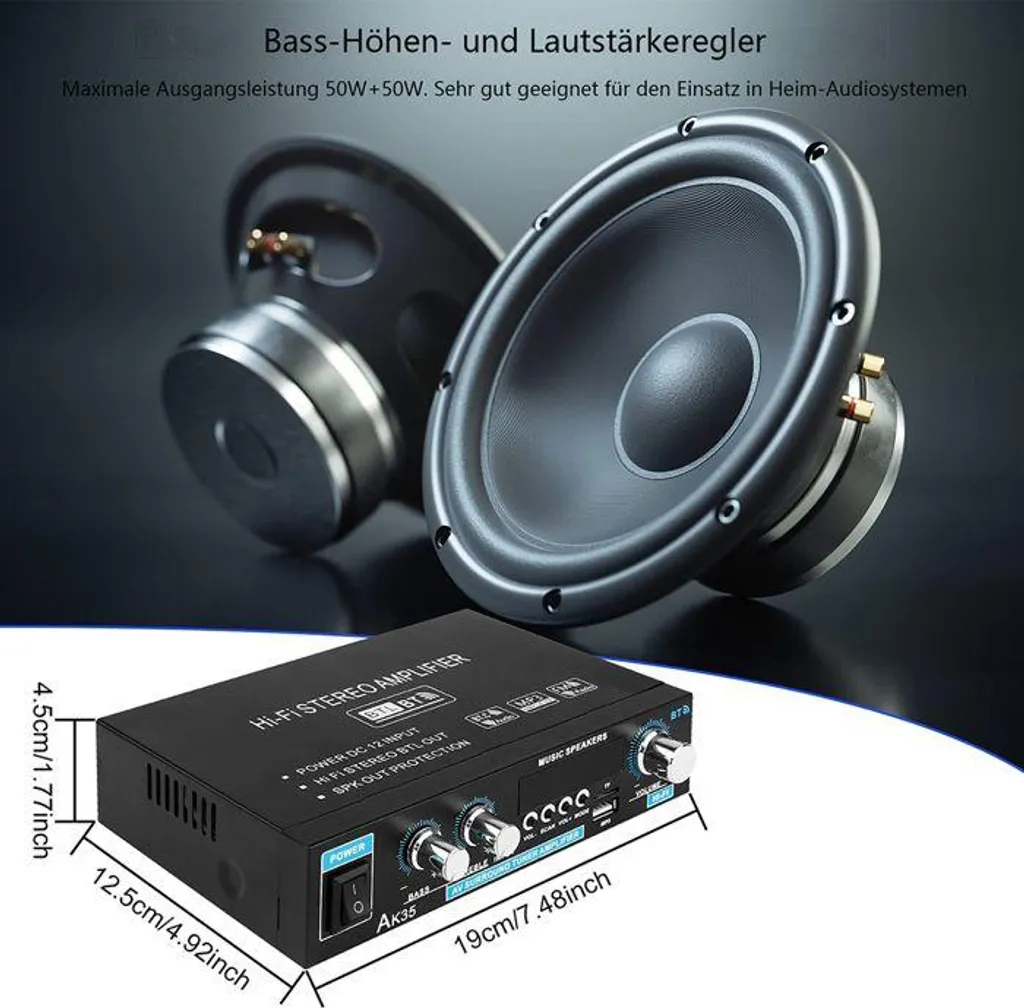 Zwei schwarze Lautsprecher im Hintergrund und ein kompakter Hi-Fi Stereo-Verstärker mit Abmessungen im Vordergrund.