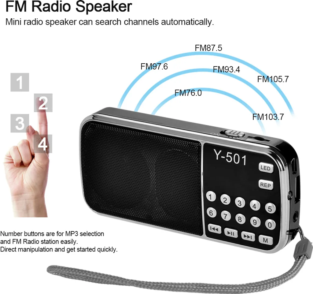 Tragbarer FM-Radio-Lautsprecher Y-501 mit Nummerntasten, Bildschirm und Trageschlaufe.