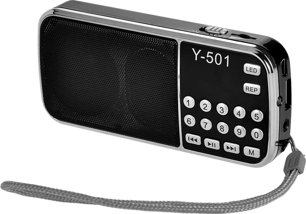 Ein tragbares Y-501 Radio mit schwarzem Lautsprechergitter, Nummerntasten und einer grauen Trageschlaufe.