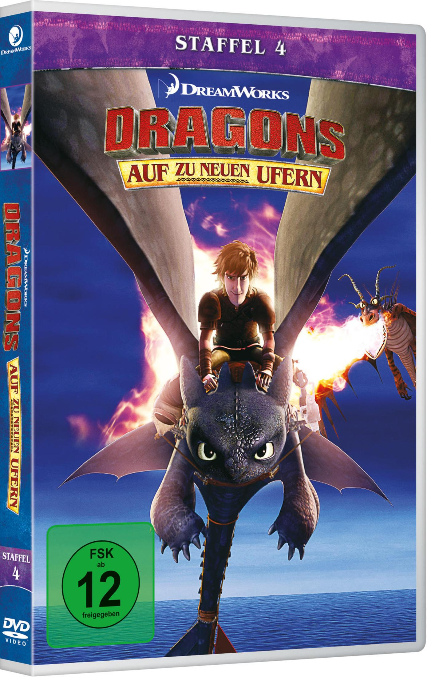 DVD-Hülle von DreamWorks Dragons Staffel 4 mit Hiccup auf Toothless und einem weiteren Drachen im Hintergrund.