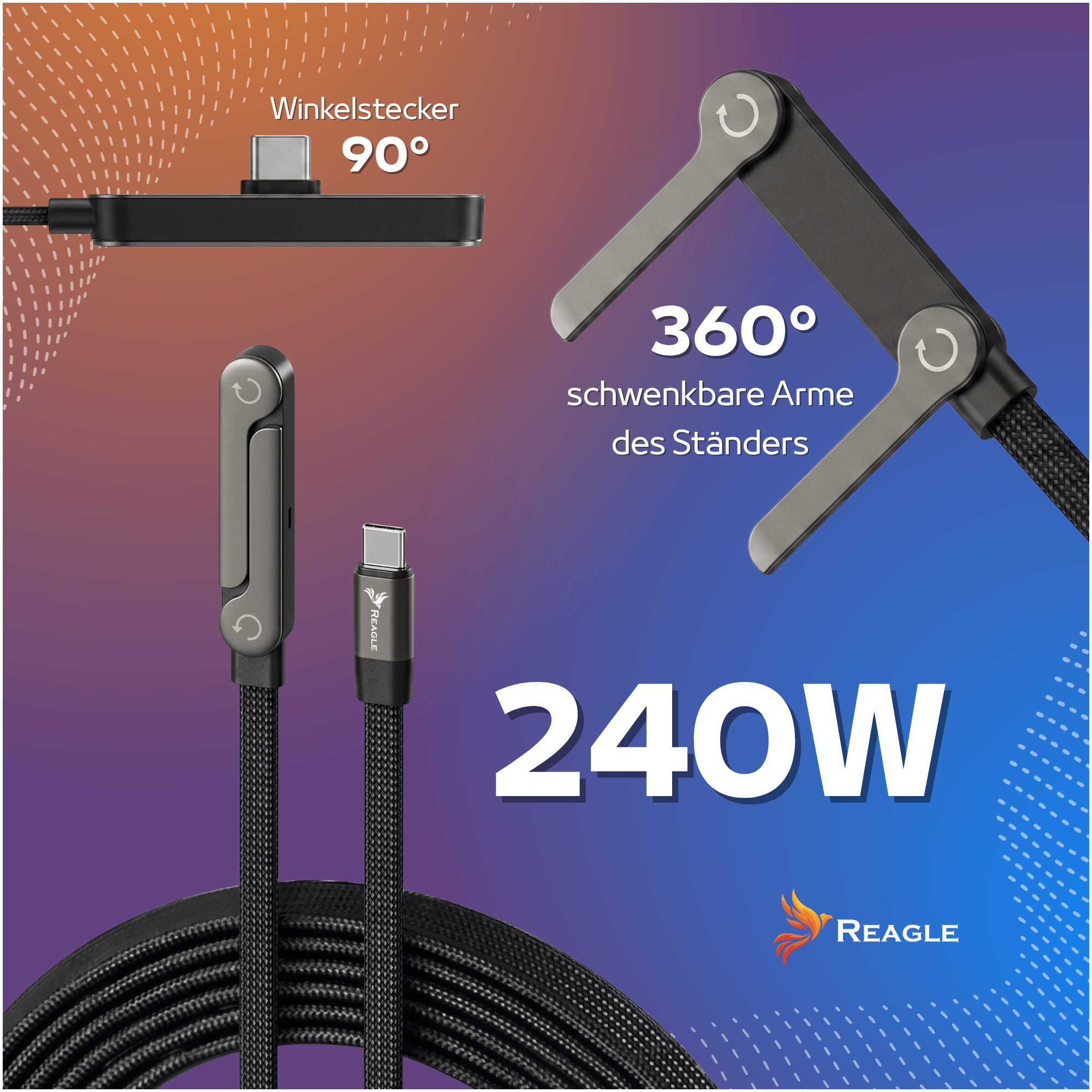 Schwarzes 240W USB-C Kabel mit 360-Grad-Ständer und Winkelstecker.