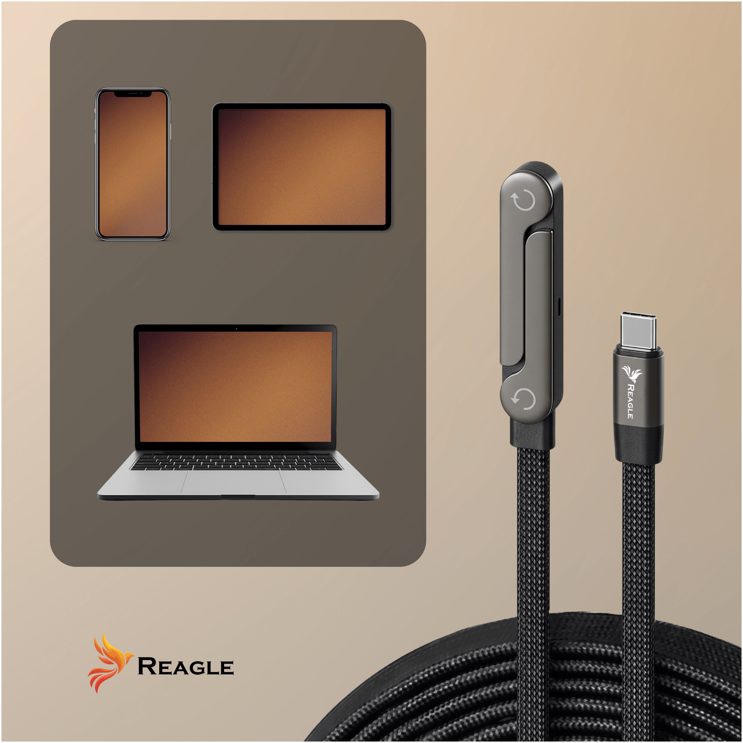 Ein graues USB-C-Kabel mit Schalter neben Grafikgeräten.