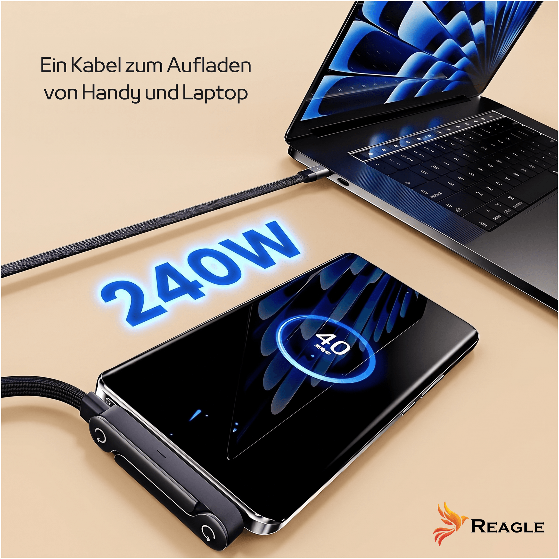 Ein geflochtenes Kabel lädt Laptop und Handy, zeigt 240W und 40% Akku.