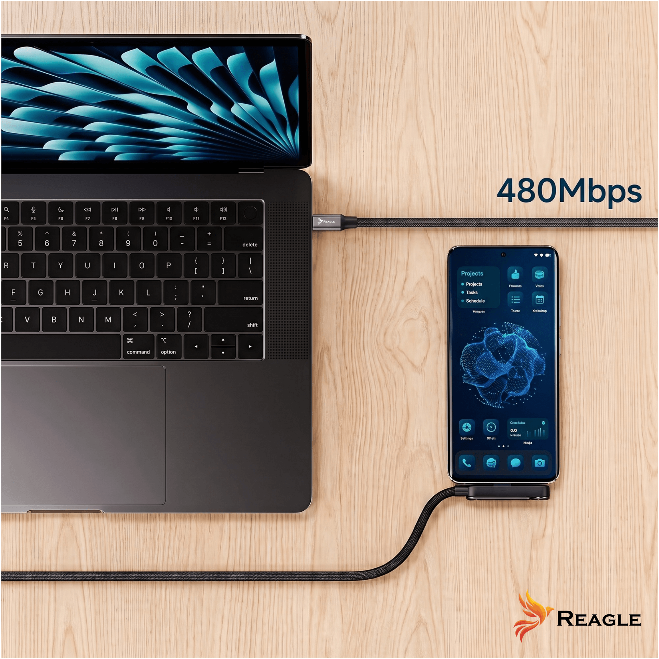 Ein Laptop und ein Smartphone, verbunden durch ein Kabel auf einem Holztisch, mit Reagle-Logo.