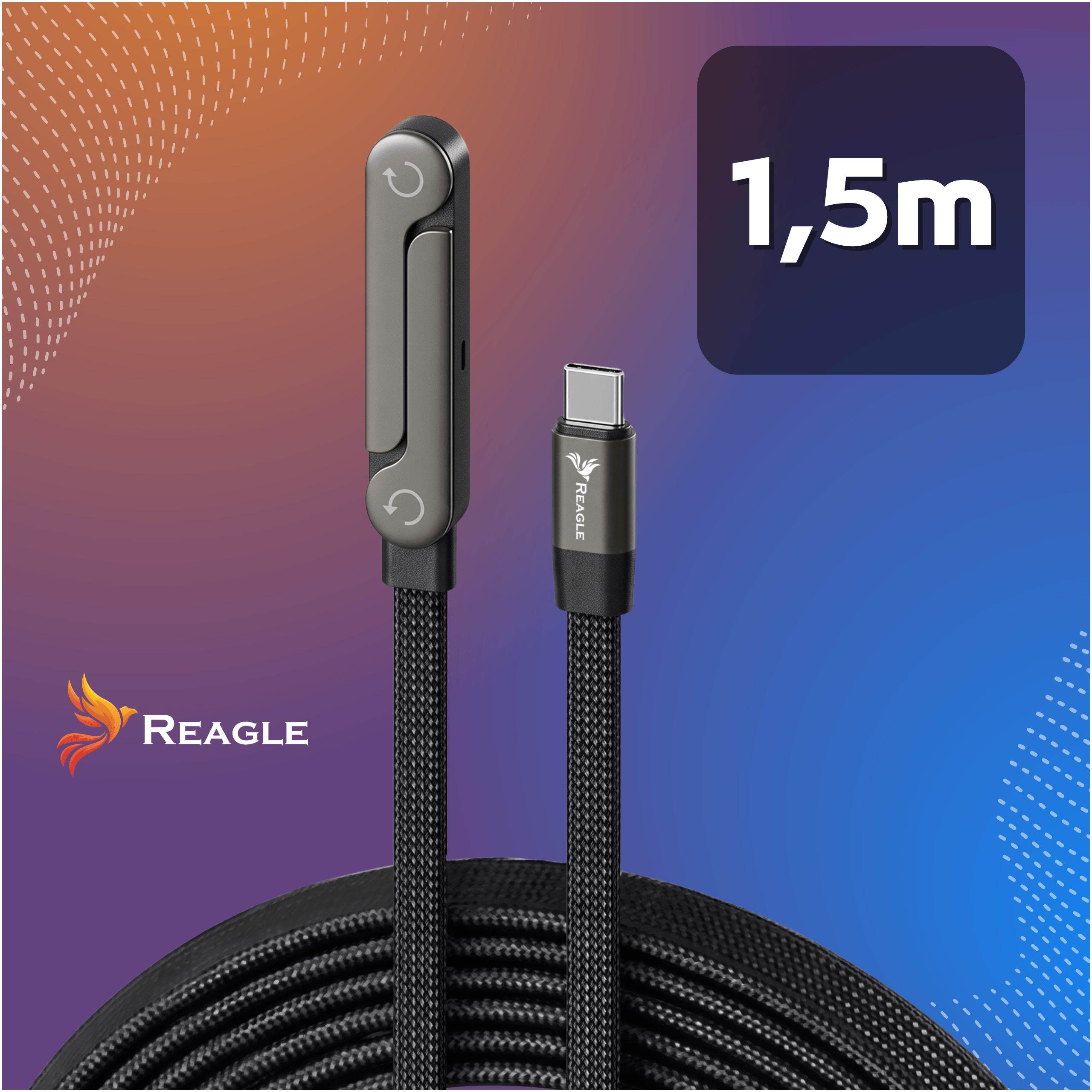 Ein 1,5m langes schwarzes Reagle USB-C-Kabel mit Metallgehäuse vor blau-orangefarbenem Hintergrund.