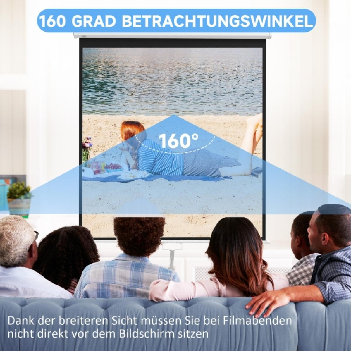 Eine Familie sitzt auf einem Sofa und schaut einen Film auf einer Projektorleinwand mit 160 Grad Blickwinkel.