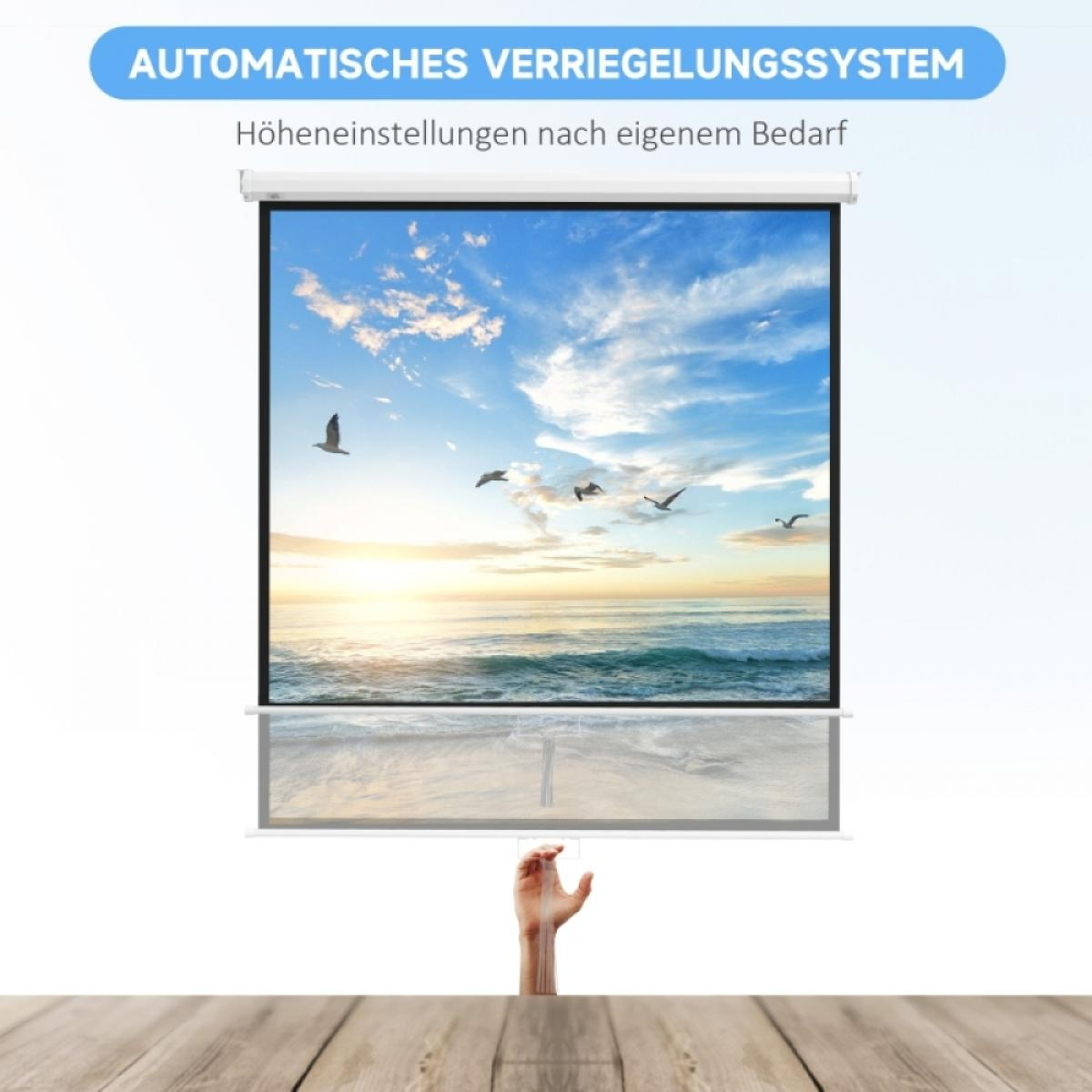 Eine Hand zieht eine Leinwand herab, die einen Strandsonnenuntergang zeigt.
