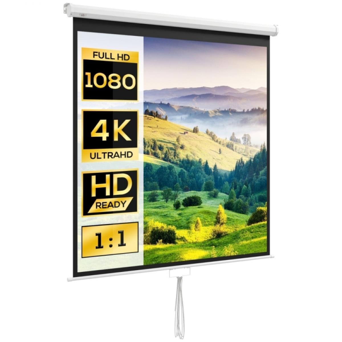 Eine weiße Projektionswand zeigt eine Berglandschaft und Symbole für Full HD, 4K Ultra HD, HD Ready und das Format 1:1.