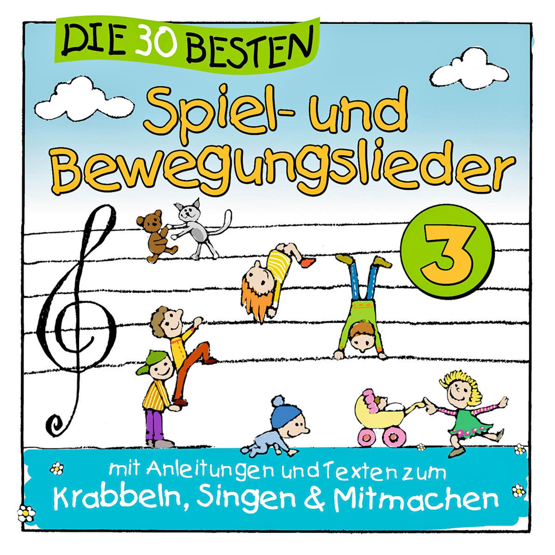 Buntes Cover mit Kindern, Tieren und Notenlinien für Spiel- und Bewegungslieder 3.