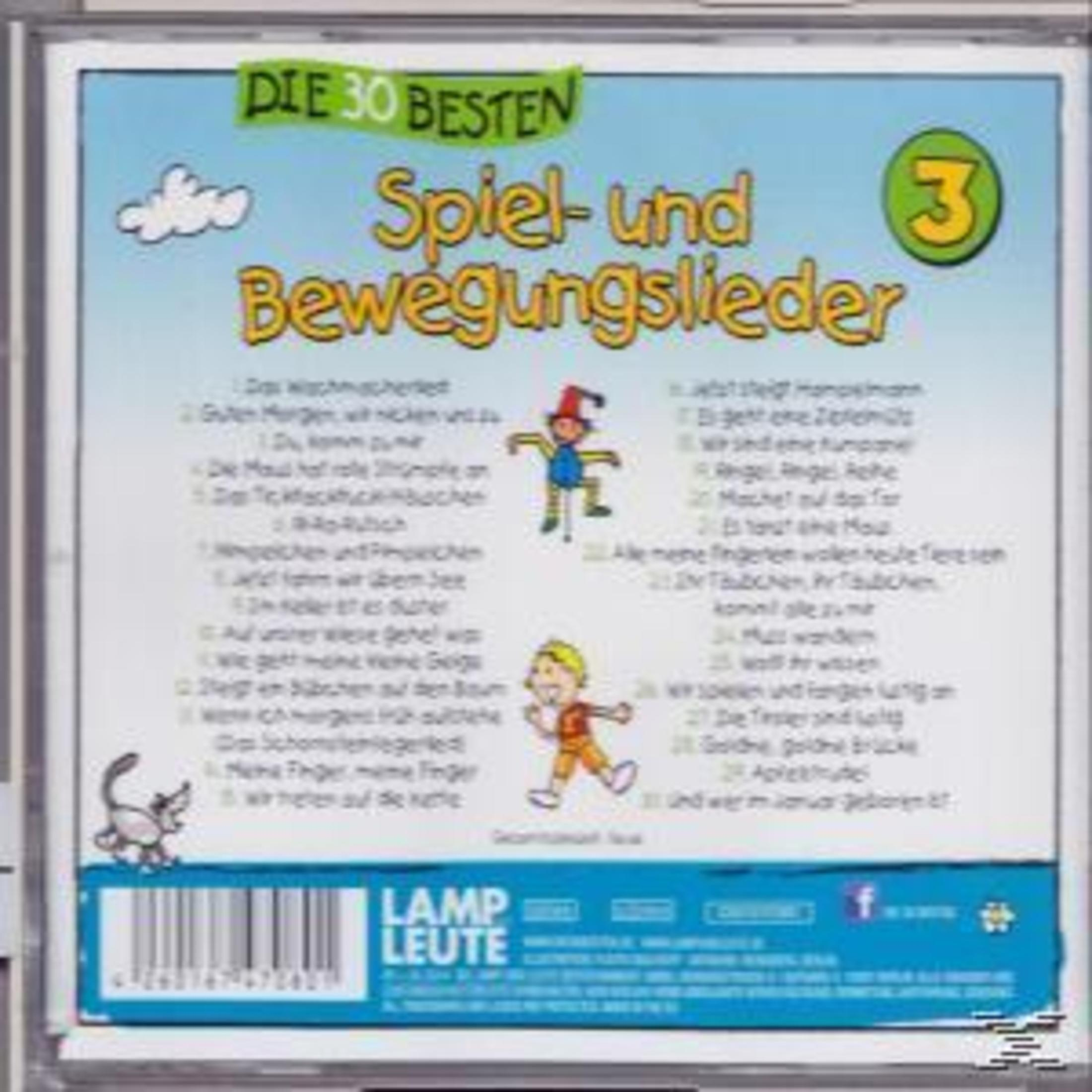 CD-Hülle Rückseite für Kindermusik mit bunten Liedtiteln, Zeichnungen und Strichcode.