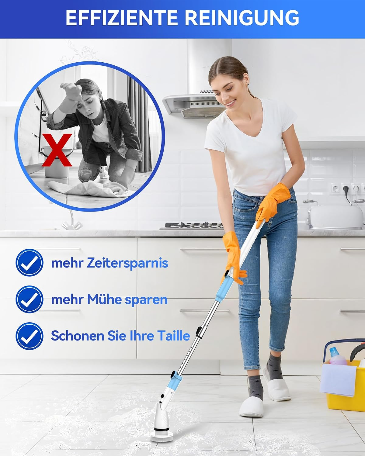 Femme nettoie efficacement avec un balai électrique, contrasté avec une image de travail manuel.