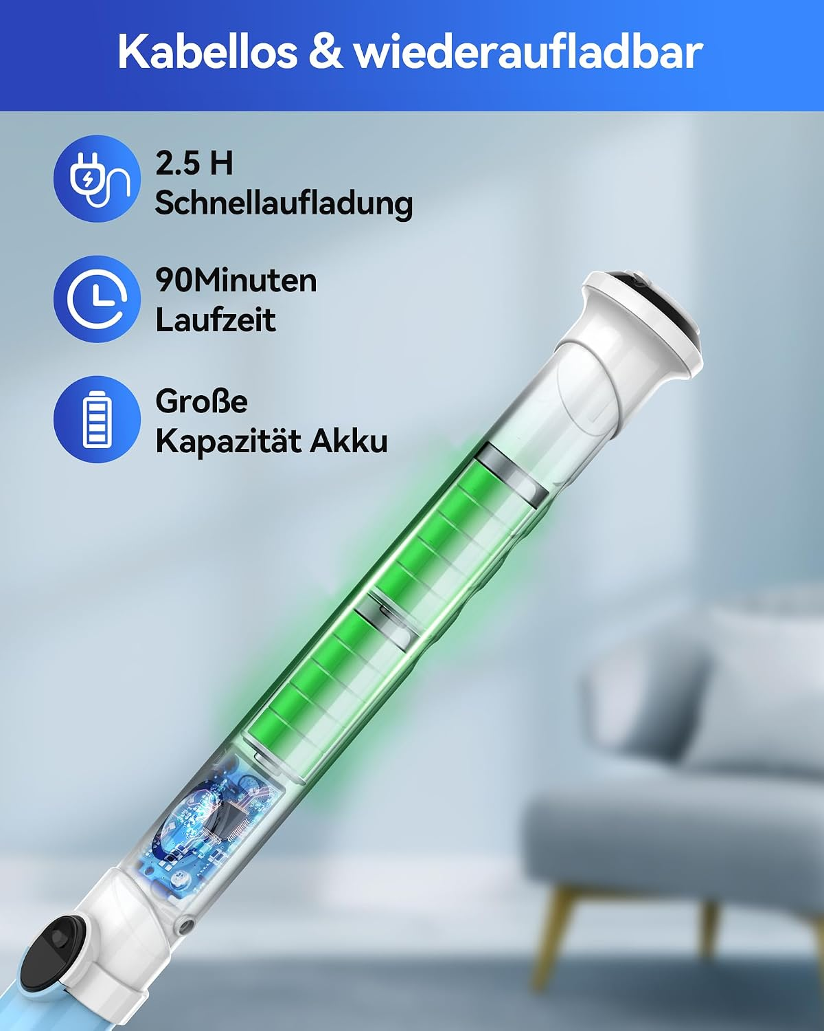 Baguette rechargeable avec batterie verte, icônes de temps de charge, autonomie, taille de batterie, et texte.