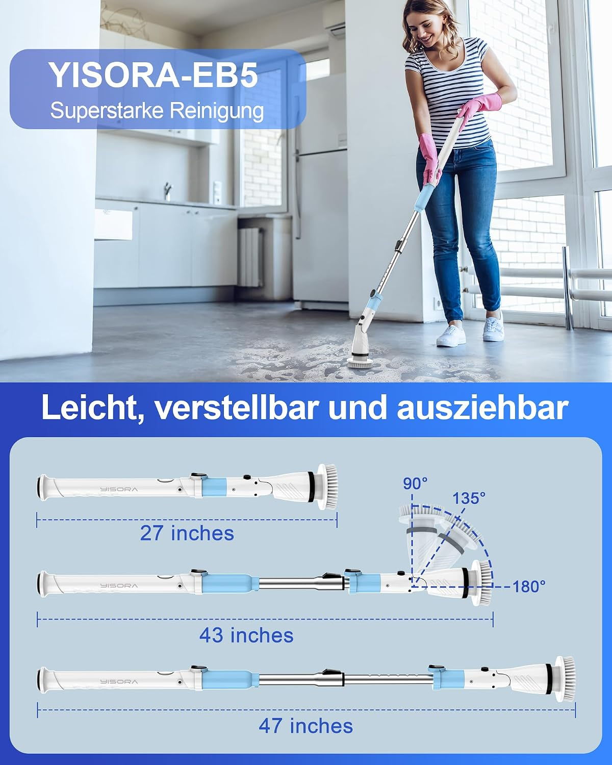 Une femme nettoie le sol avec une brosse électrique réglable dans une cuisine lumineuse.