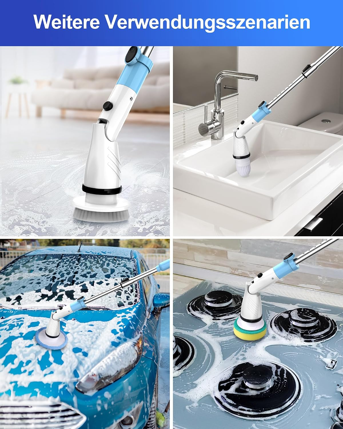 Une brosse électrique utilisée pour nettoyer un sol, un lavabo, une voiture et une cuisinière.