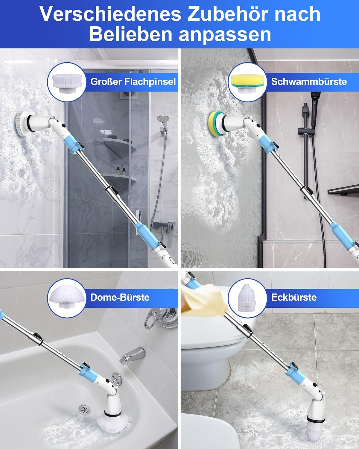 Quatre images montrent une brosse de nettoyage électrique avec divers accessoires dans une salle de bain.