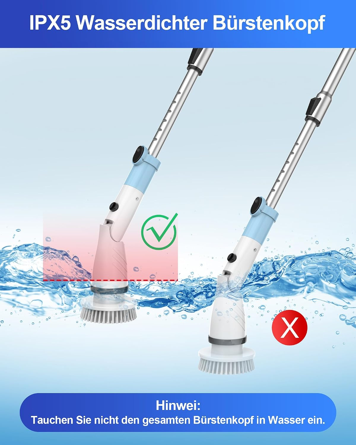 Schéma de la tête de brosse étanche IPX5 : seul le bas doit être immergé, pas la partie supérieure.