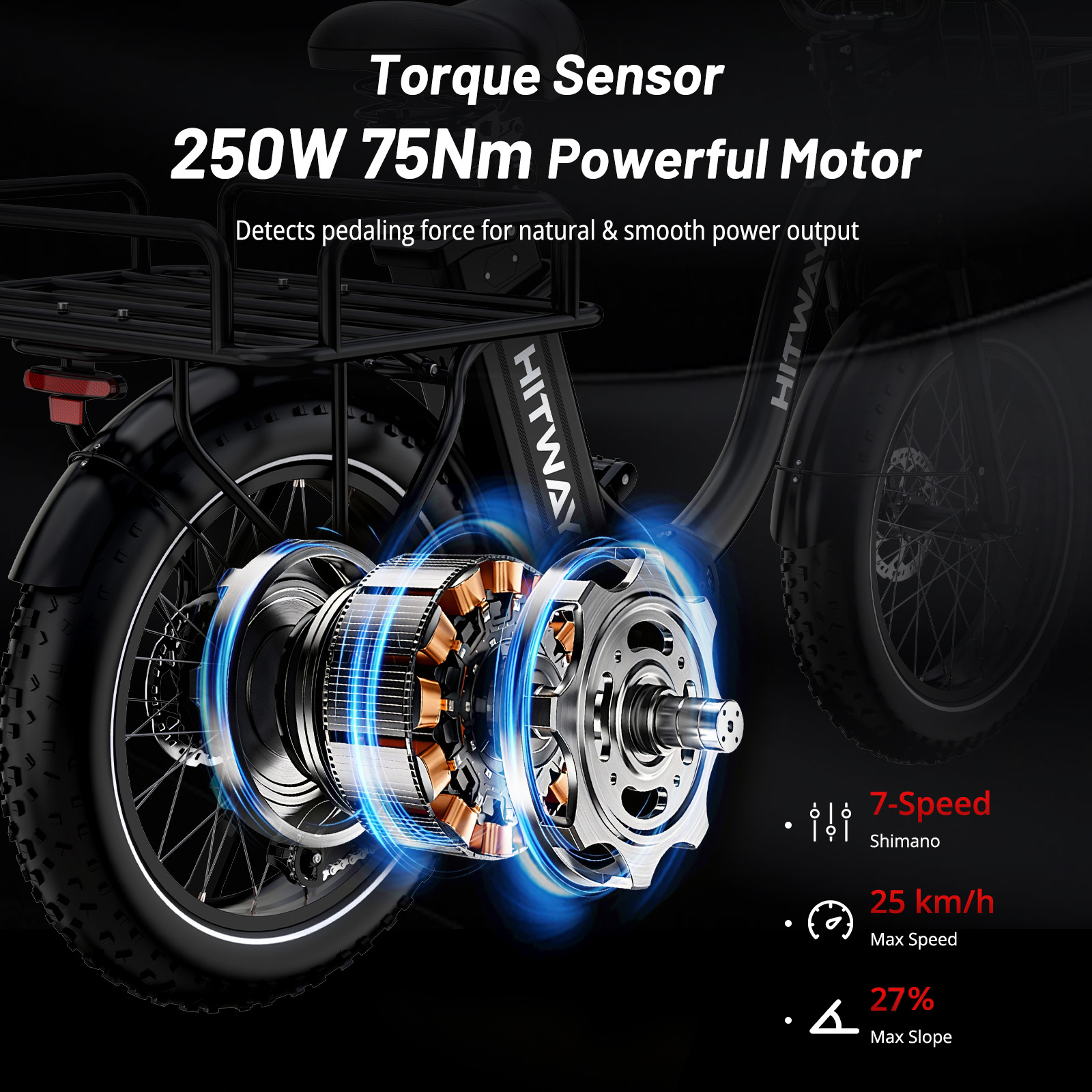 Bicicleta eléctrica con sensor de par y motor de 250W, destacando rueda trasera y especificaciones.