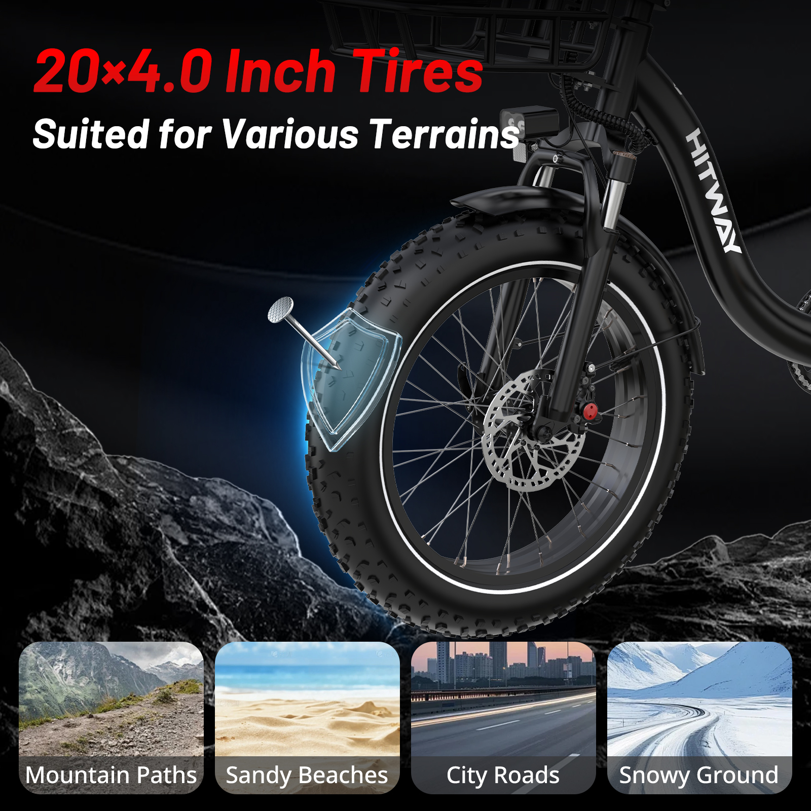 Bicicleta con neumáticos gruesos de 20x4.0 pulgadas para varios terrenos como montañas, playas, carreteras y nieve.