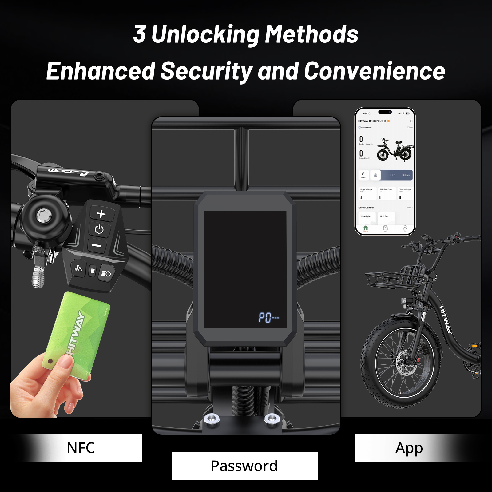 Tres métodos de desbloqueo para la bicicleta eléctrica: tarjeta NFC, contraseña en pantalla y aplicación.