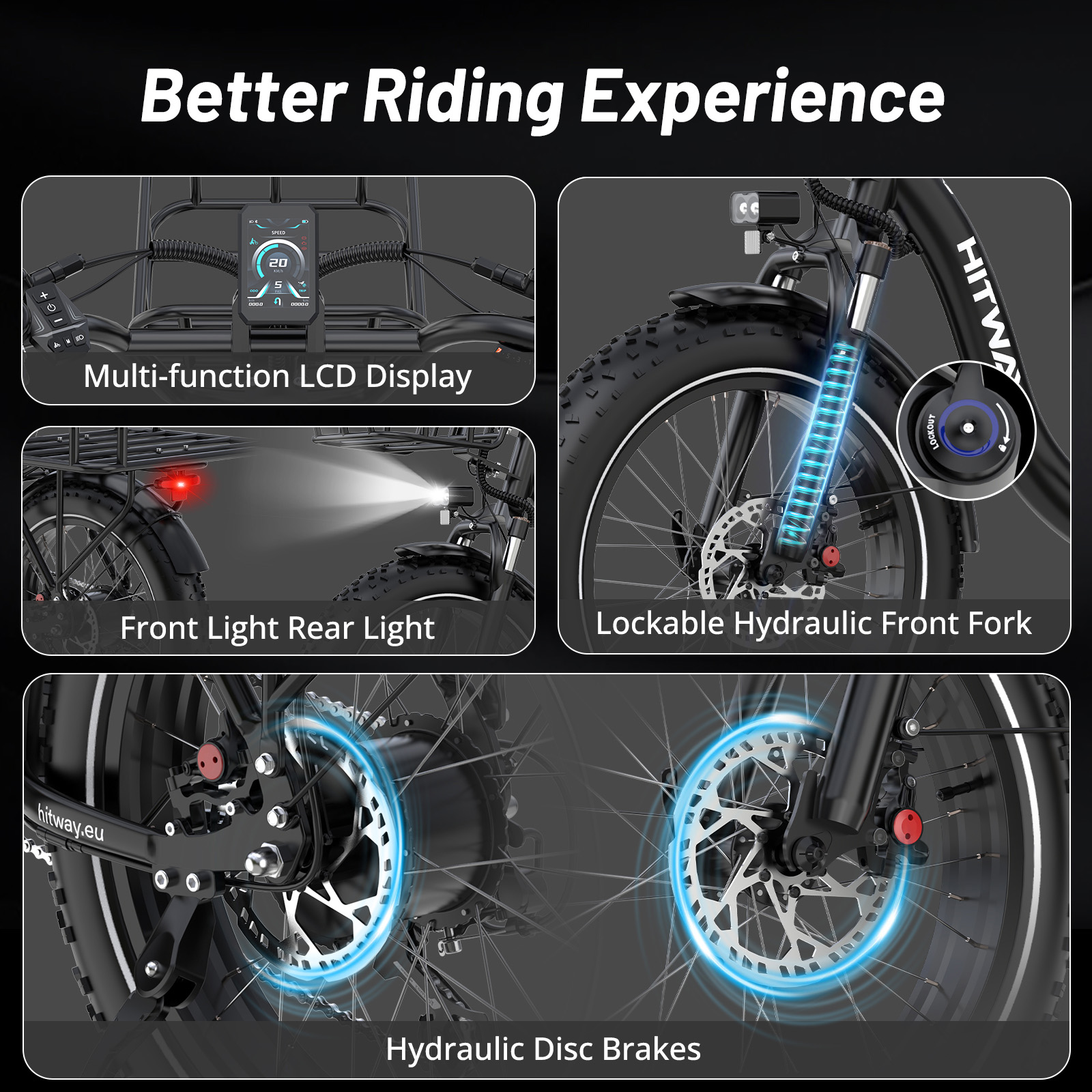 Características de la e-bike: pantalla LCD, luces, horquilla hidráulica y frenos de disco.